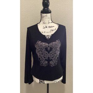 Shein Black Long-Sleeve Top With Rhinestone Dragon Design Size 1XL